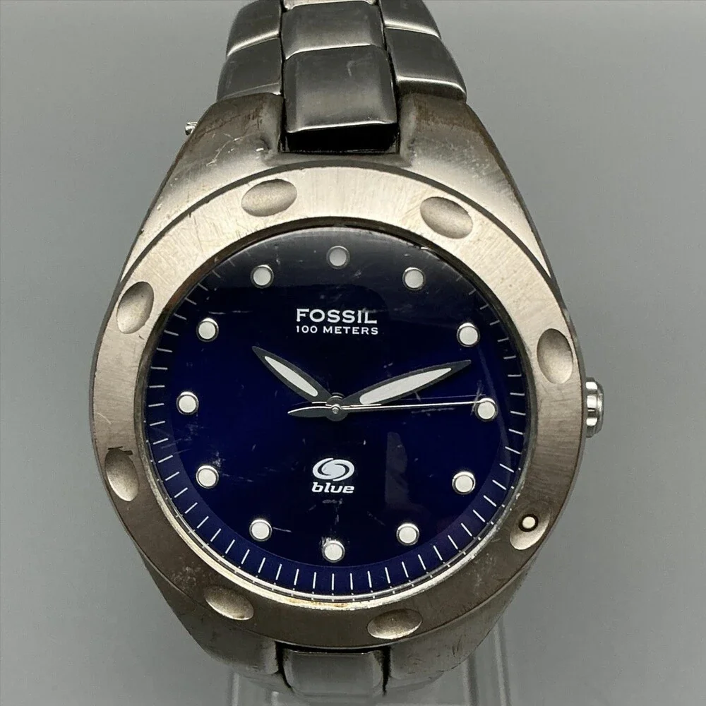 Fossil Blue AM-3319 Mens Watch 39mm Blue Dial Silver Tone New Battery 7